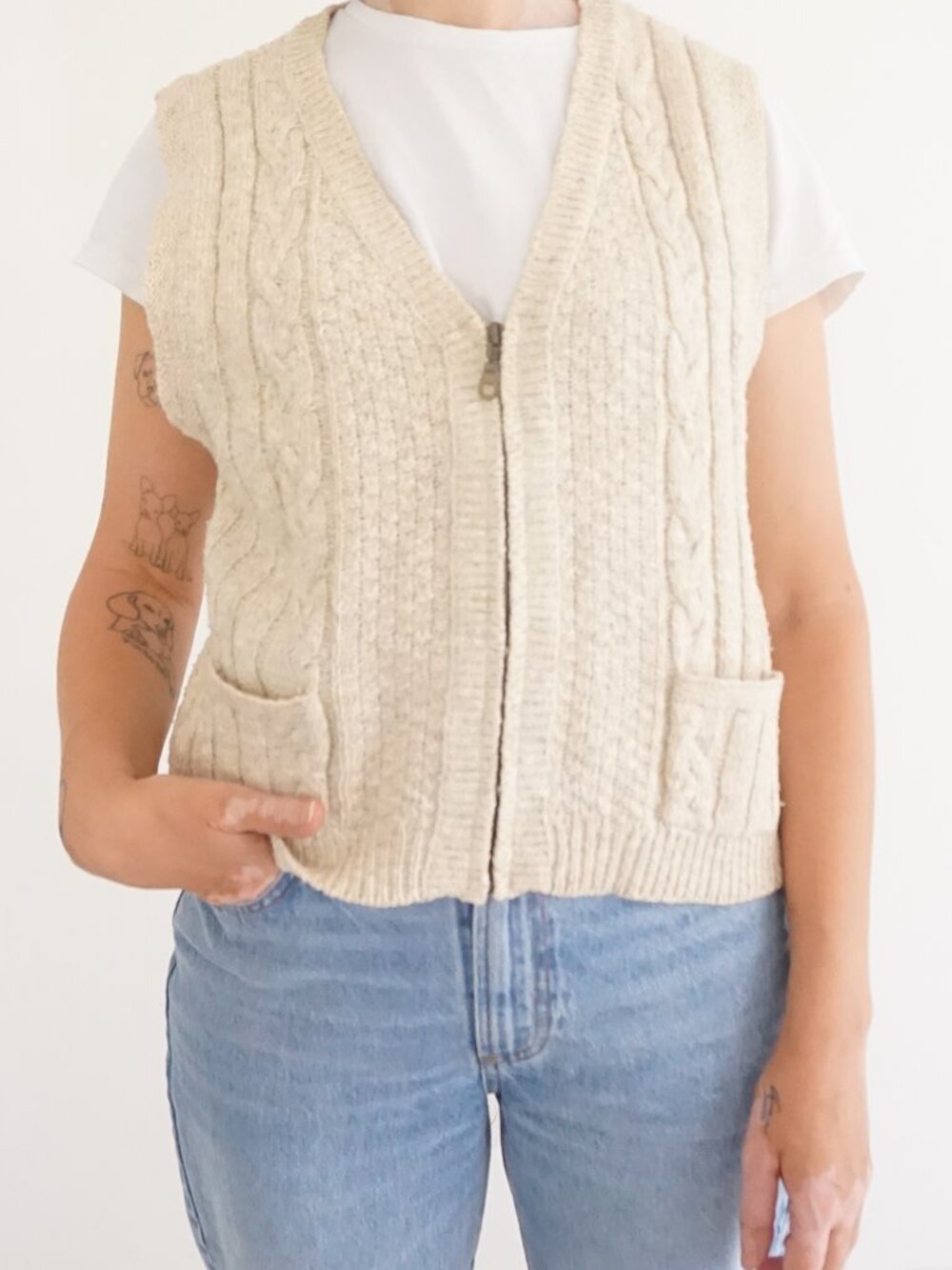 Vintage Liz Wear Cream Cable Knit Zip Front Pocket Sweater Vest Cottagecore M
